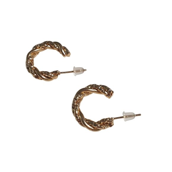 Gold Tone Twisted Hoop Earrings Textured Metal Post Mom Gift Classic Daily - Picture 2 of 3